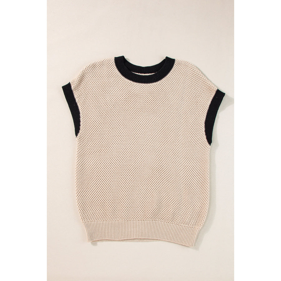 Contrast Trim Round Neck Cap Sleeve Knit Top Apparel and Accessories