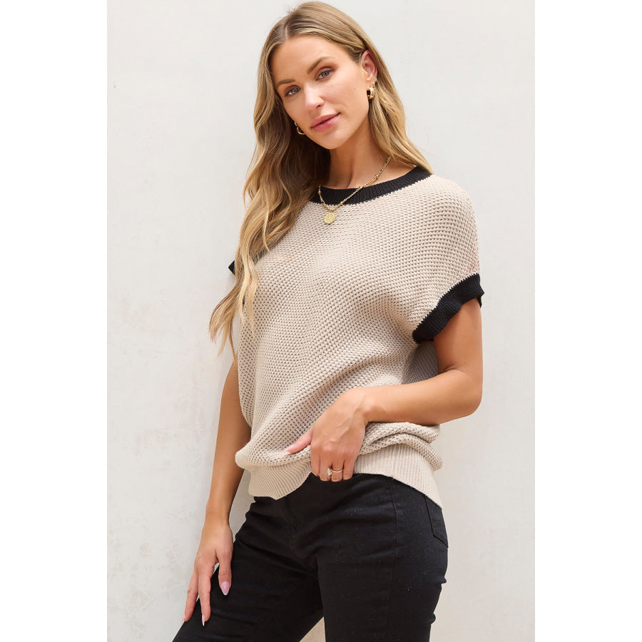 Contrast Trim Round Neck Cap Sleeve Knit Top Apparel and Accessories