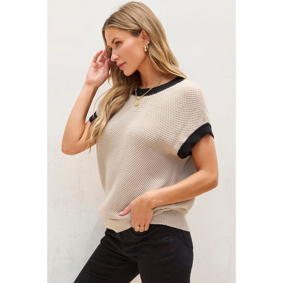 Contrast Trim Round Neck Cap Sleeve Knit Top Apparel and Accessories