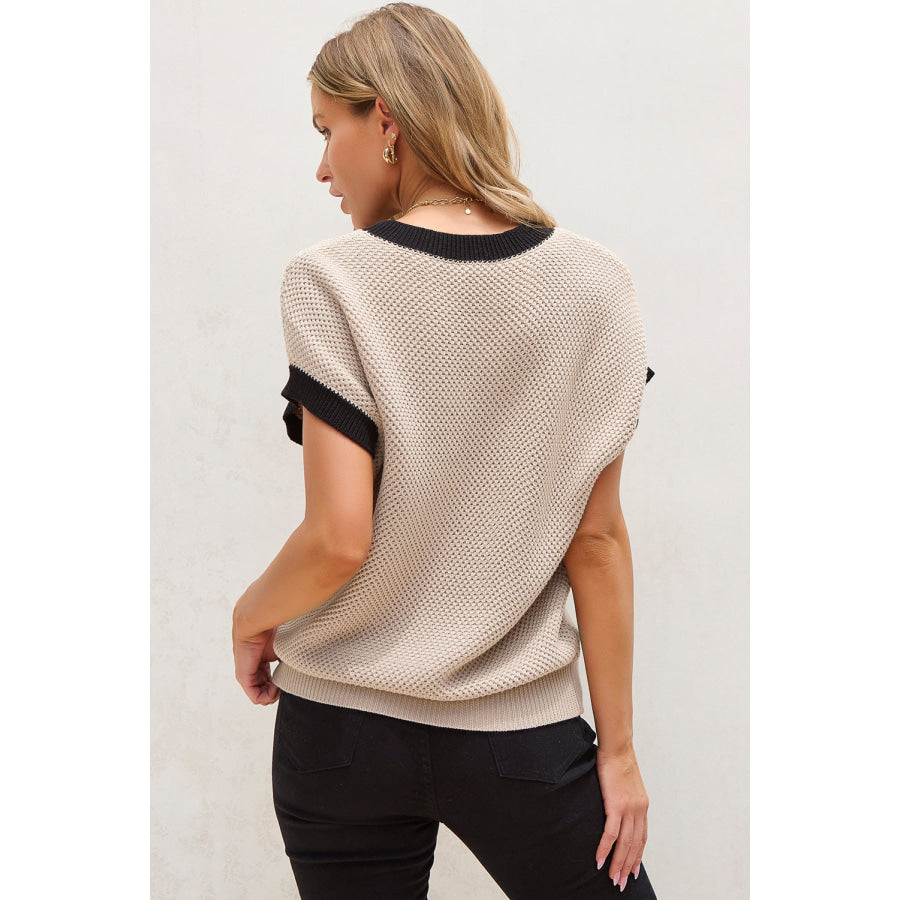 Contrast Trim Round Neck Cap Sleeve Knit Top Apparel and Accessories