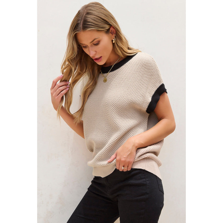 Contrast Trim Round Neck Cap Sleeve Knit Top Apparel and Accessories