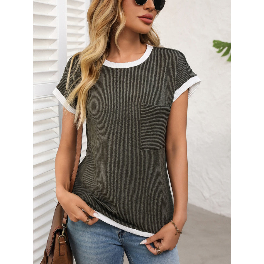 Contrast Trim Round Neck Short Sleeve T-Shirt Apparel and Accessories