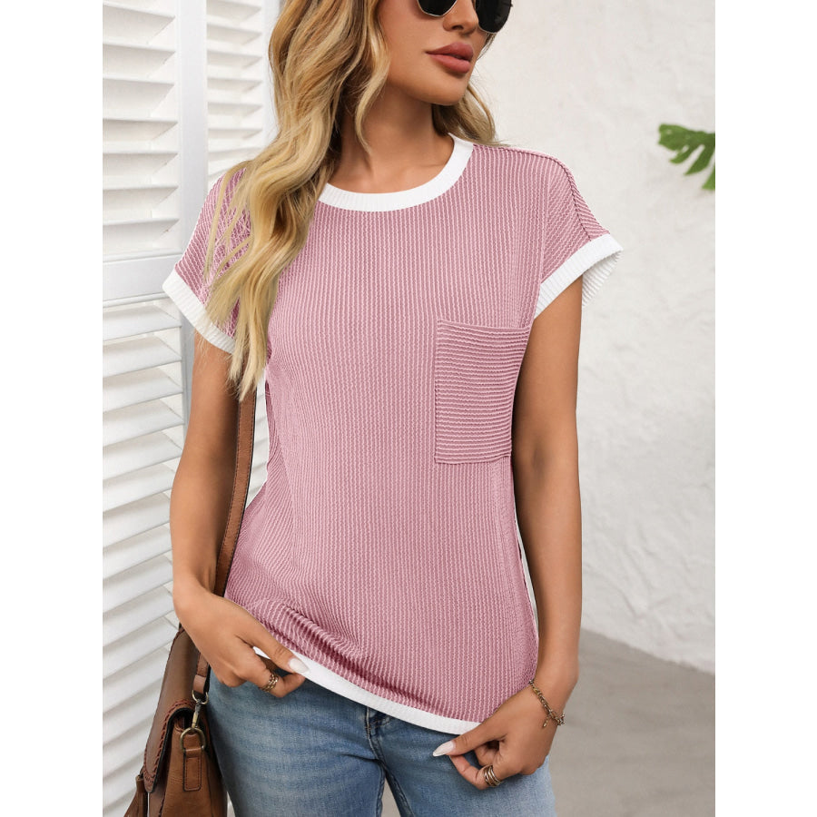 Contrast Trim Round Neck Short Sleeve T-Shirt Apparel and Accessories