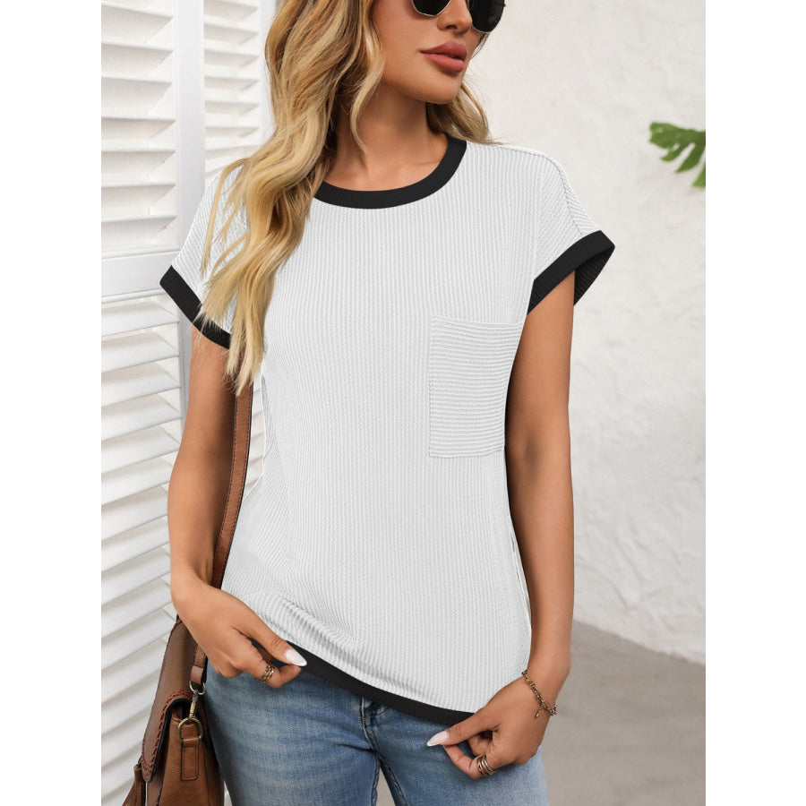 Contrast Trim Round Neck Short Sleeve T-Shirt White / S Apparel and Accessories