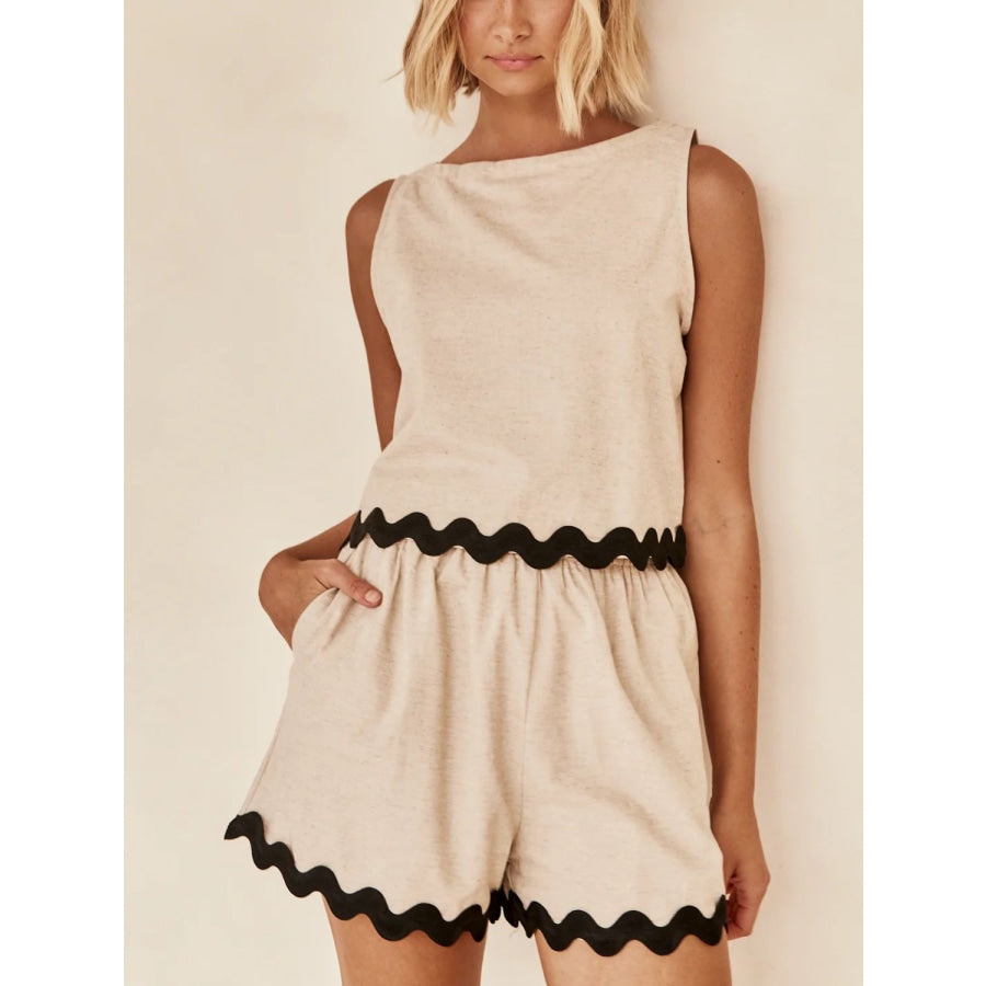 Contrast Trim Round Neck Tank and Shots Set Apparel and Accessories