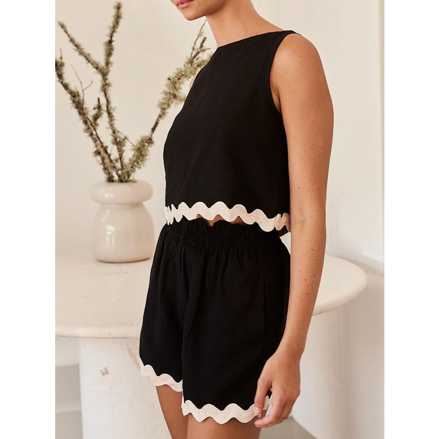 Contrast Trim Round Neck Tank and Shots Set Apparel and Accessories