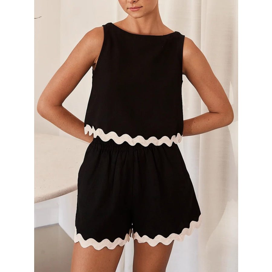 Contrast Trim Round Neck Top and Shorts Set Black / L Apparel and Accessories