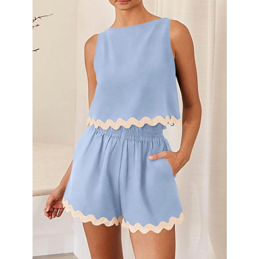 Contrast Trim Round Neck Top and Shorts Set Pastel Blue / S Apparel and Accessories