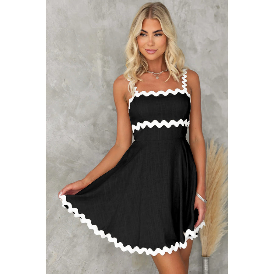 Contrast Trim Square Neck Mini Dress Black / S Apparel and Accessories