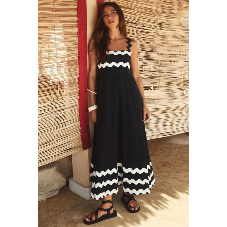 Contrast Trim Square Neck Wide Strap Dress Black / S Apparel and Accessories