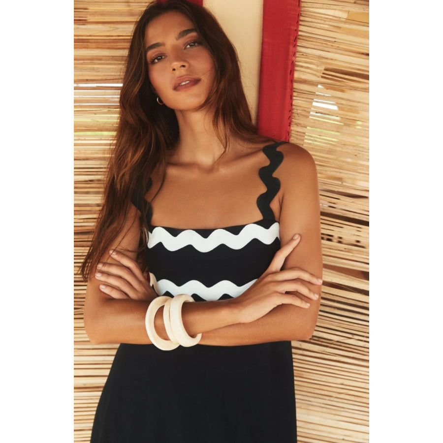 Contrast Trim Square Neck Wide Strap Dress Apparel and Accessories