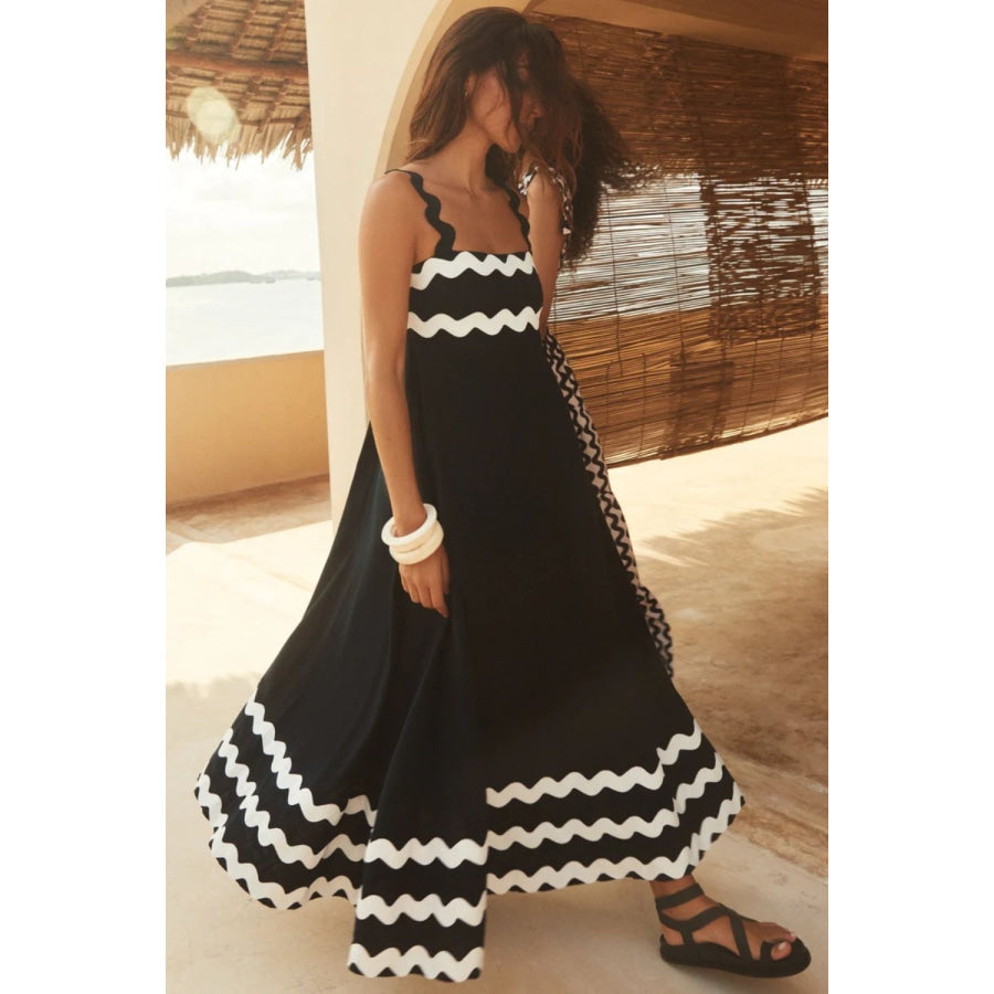 Contrast Trim Square Neck Wide Strap Dress Black / S Apparel and Accessories