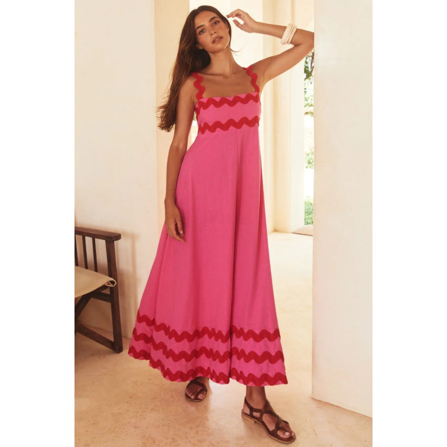 Contrast Trim Square Neck Wide Strap Dress Hot Pink / S Apparel and Accessories