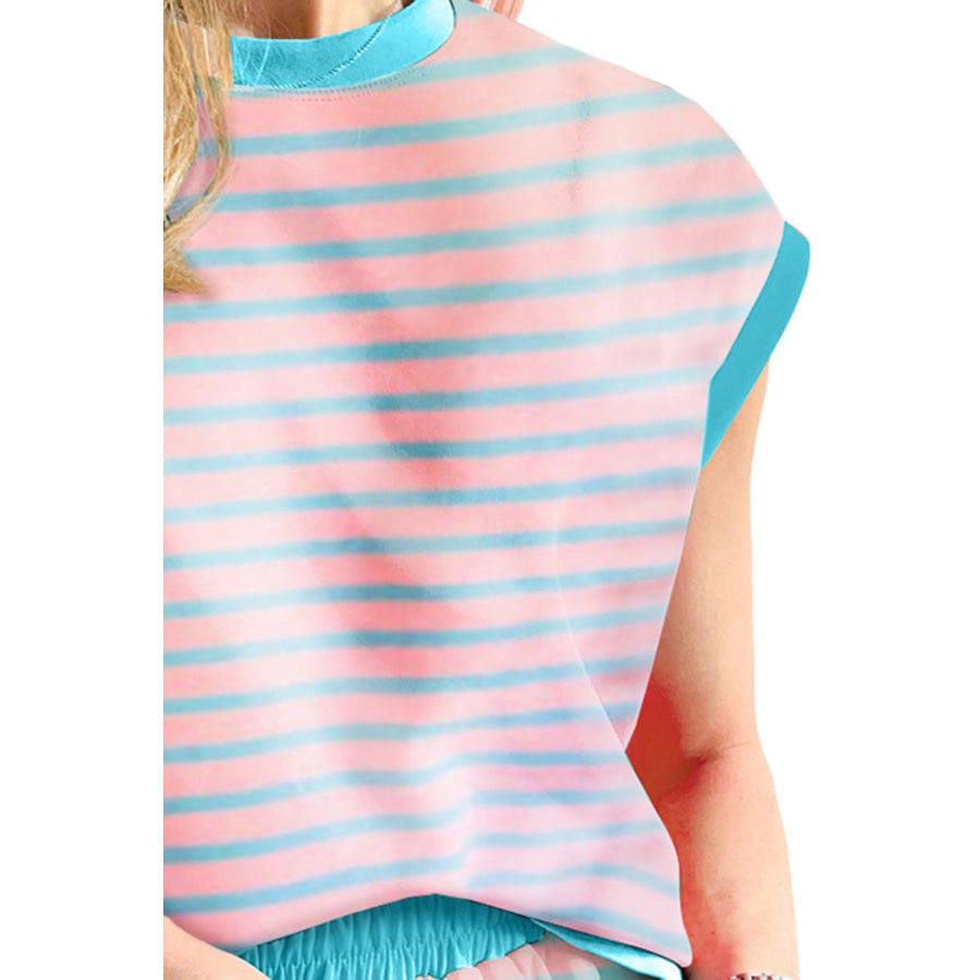 Contrast Trim Striped Round Neck Top and Shorts Set Apparel and Accessories