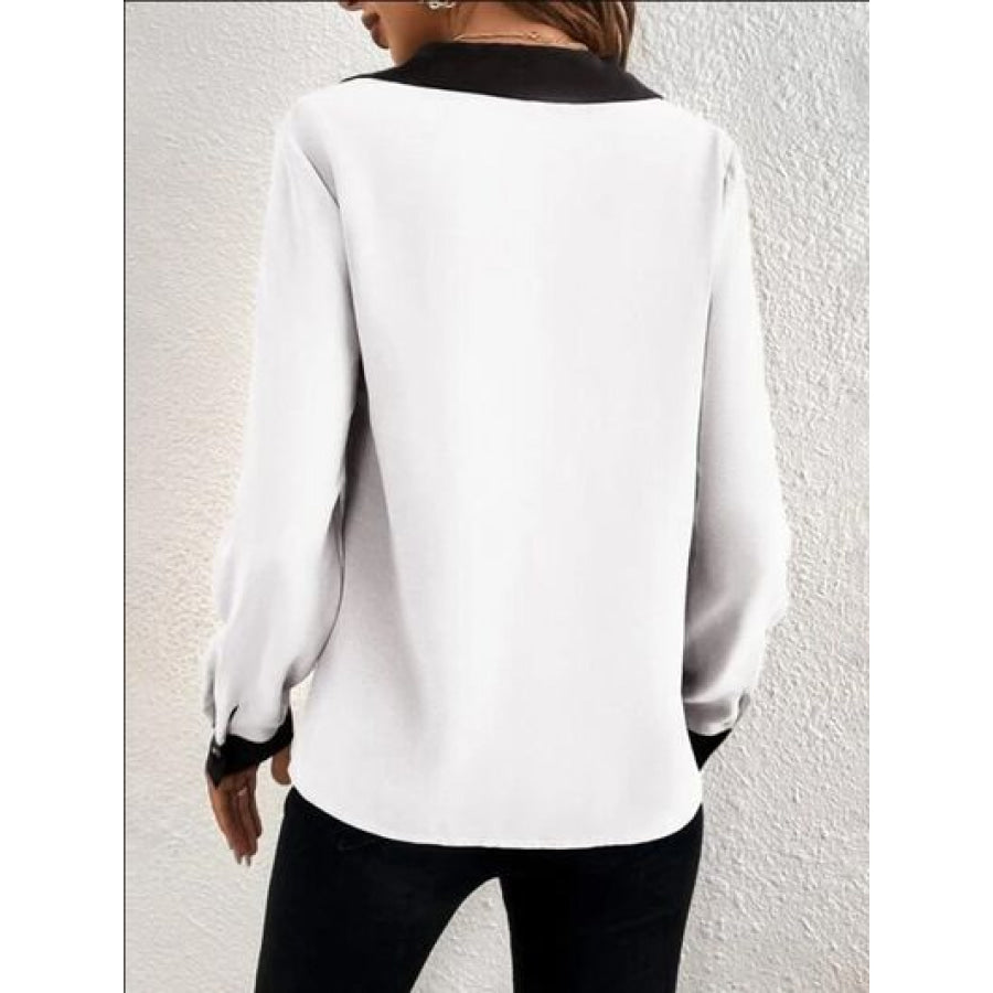 Contrast Trim V-Neck Long Sleeve Blouse Clothing