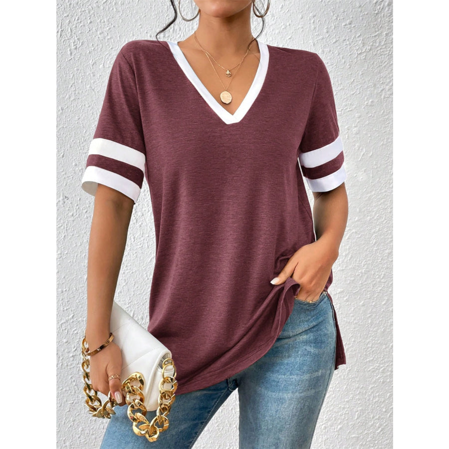 Contrast Trim V-Neck Short Sleeve T-Shirt Apparel and Accessories