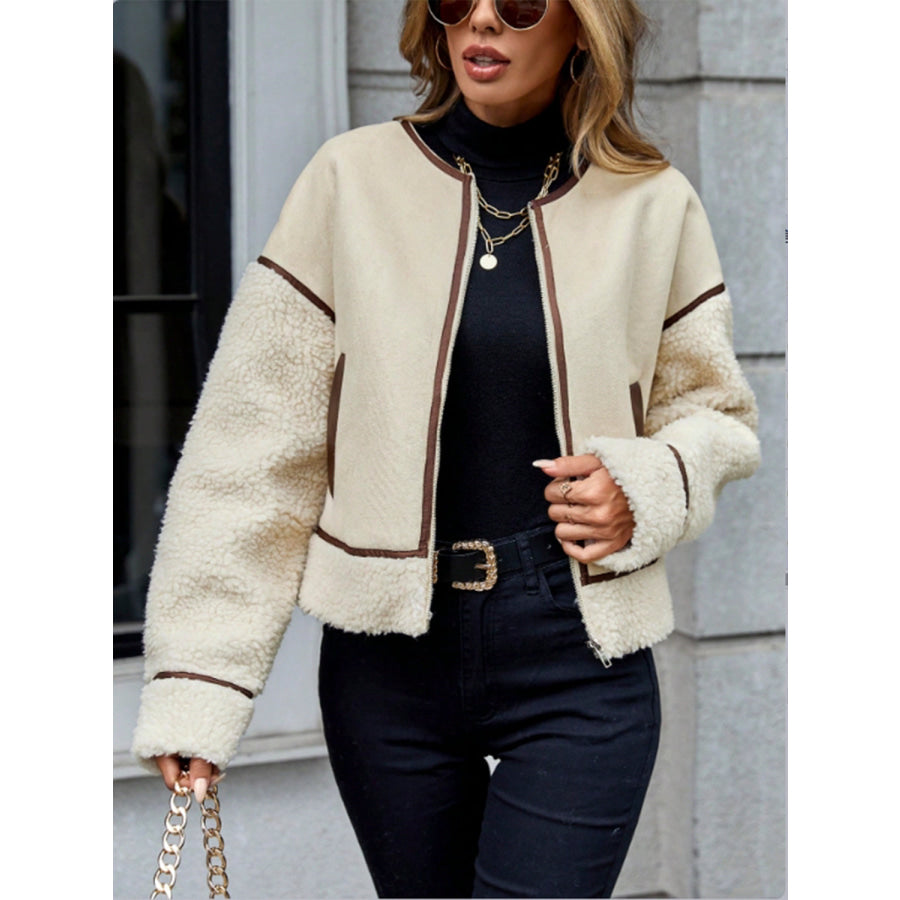 Contrast Trim Zip Up Sherpa Jacket Apparel and Accessories