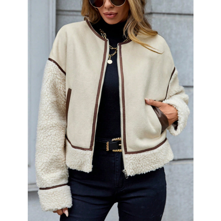 Contrast Trim Zip Up Sherpa Jacket Cream / M Apparel and Accessories