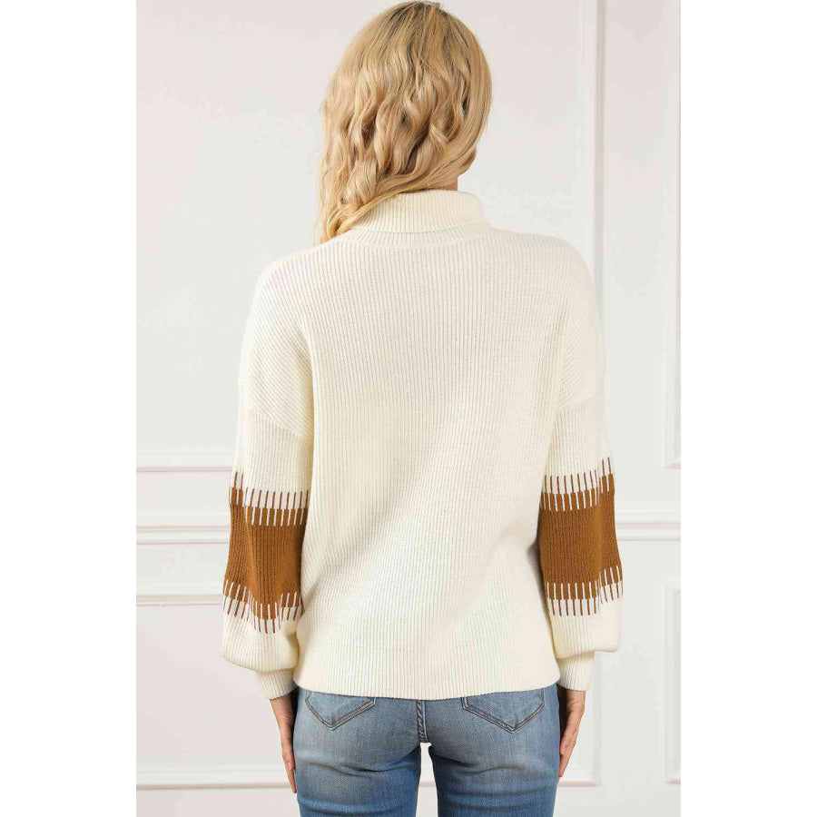 Contrast Turtleneck Long Sleeve Sweater Cream / M
