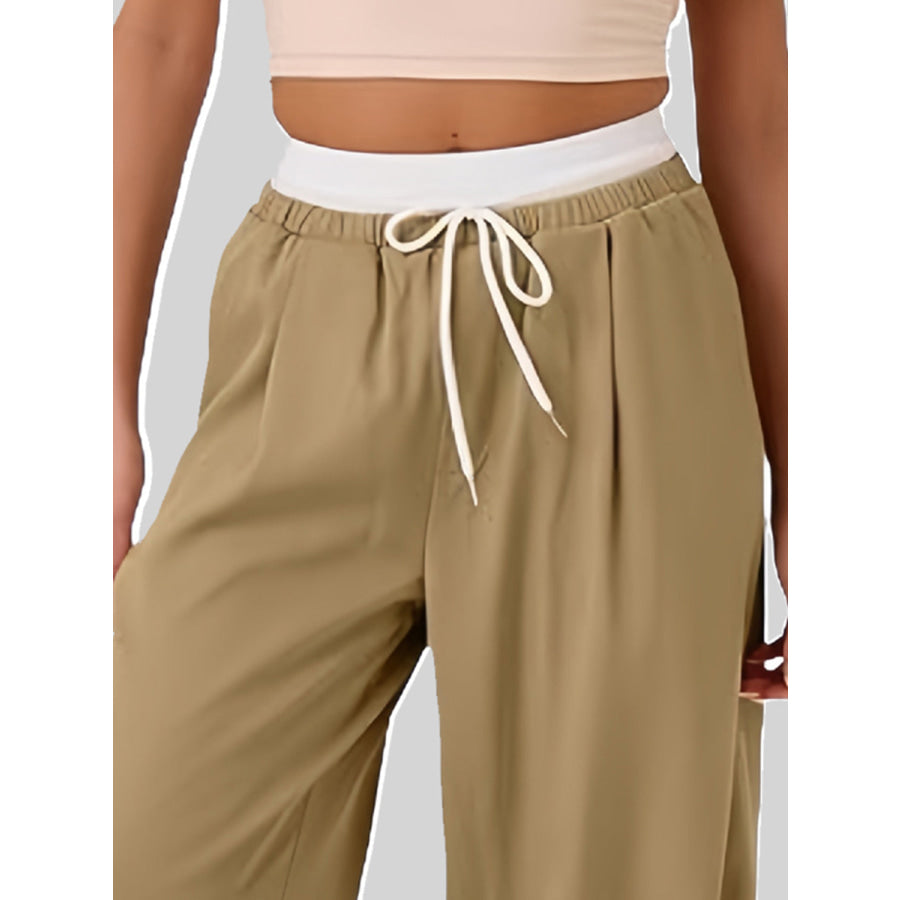 Contrast Waistband Drawstring Wide Leg Pants Apparel and Accessories