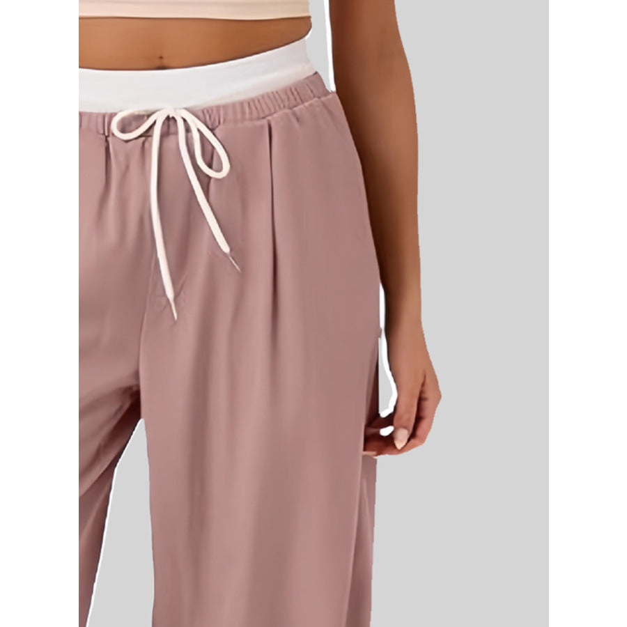 Contrast Waistband Drawstring Wide Leg Pants Apparel and Accessories
