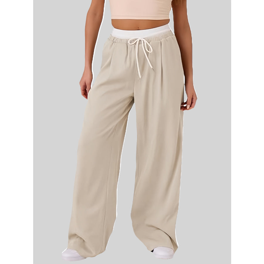Contrast Waistband Drawstring Wide Leg Pants Beige / S Apparel and Accessories