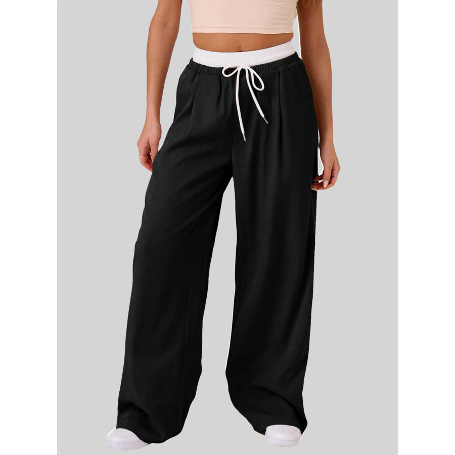 Contrast Waistband Drawstring Wide Leg Pants Black / S Apparel and Accessories