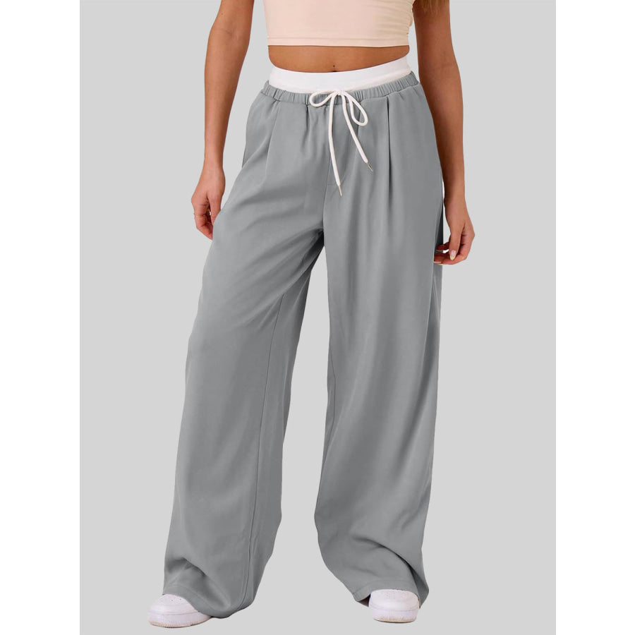 Contrast Waistband Drawstring Wide Leg Pants Gray / S Apparel and Accessories