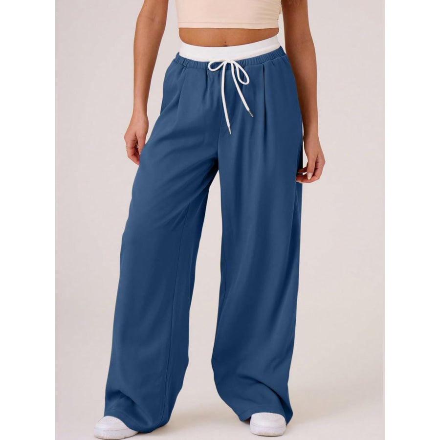Contrast Waistband Drawstring Wide Leg Pants Royal Blue / S Apparel and Accessories
