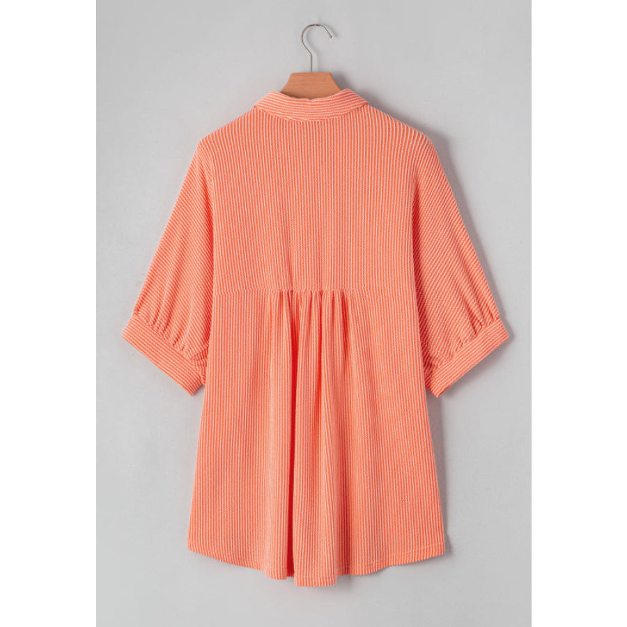 Corded Half Sleeve Button Up High Low Shirt Apparel and Accessories