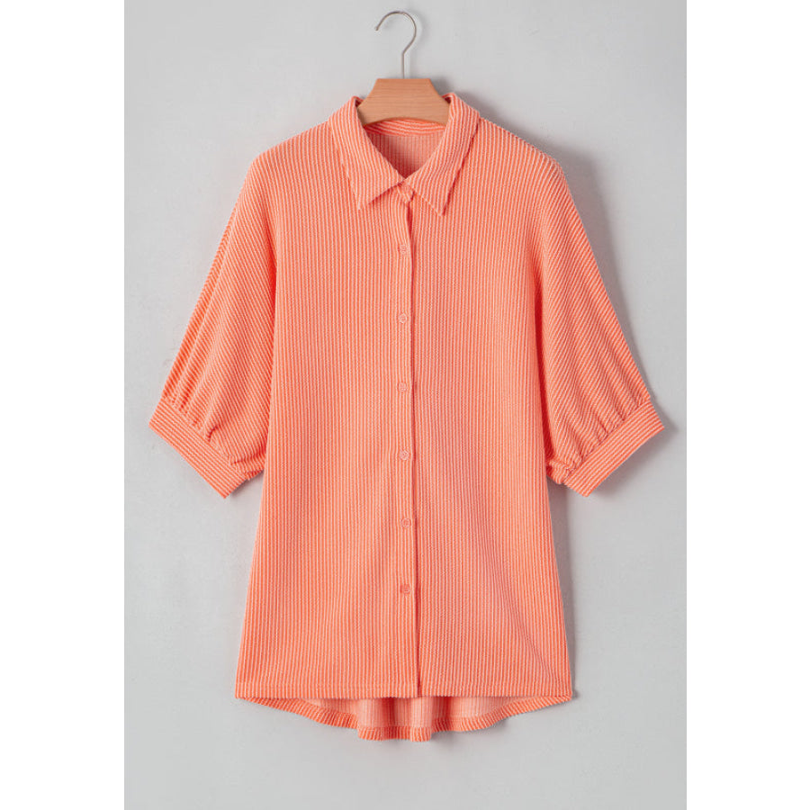 Corded Half Sleeve Button Up High Low Shirt Apparel and Accessories