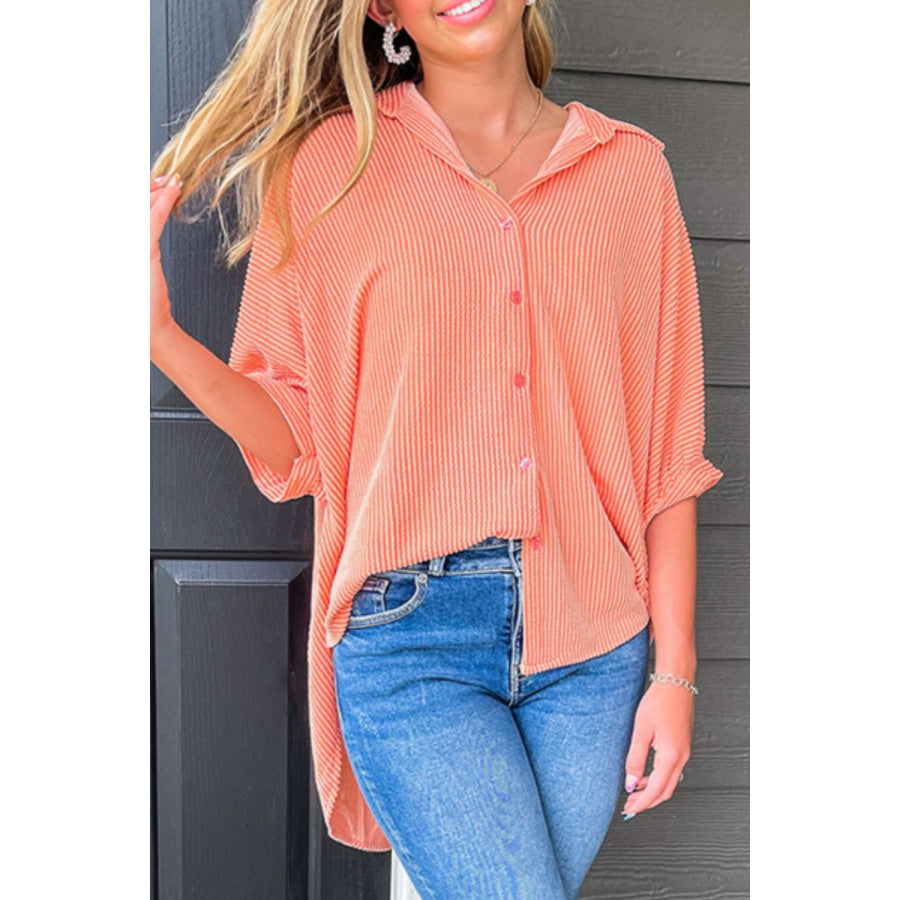 Corded Half Sleeve Button Up High Low Shirt Apparel and Accessories