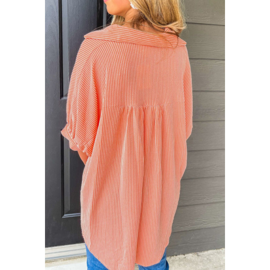 Corded Half Sleeve Button Up High Low Shirt Apparel and Accessories