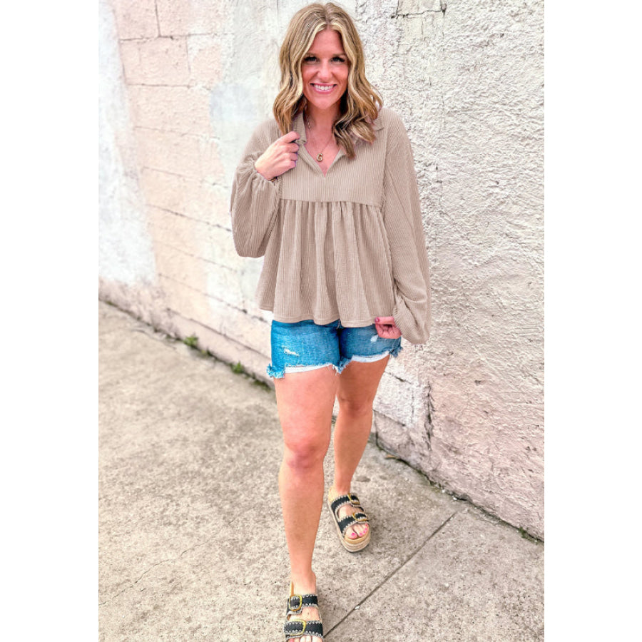 Corded Johnny Collar Long Sleeve Babydoll Blouse Apparel and Accessories