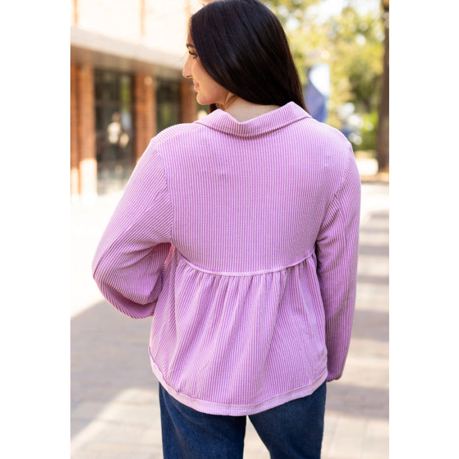 Corded Johnny Collar Long Sleeve Babydoll Blouse Apparel and Accessories