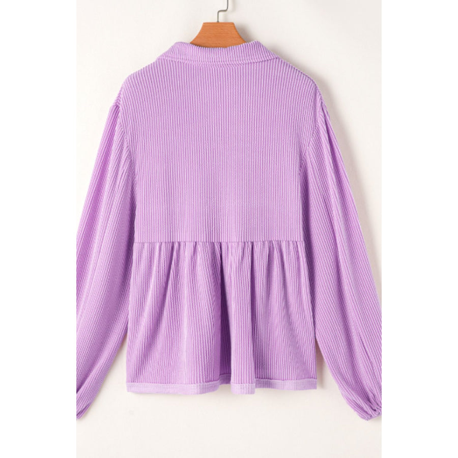 Corded Johnny Collar Long Sleeve Babydoll Blouse Apparel and Accessories