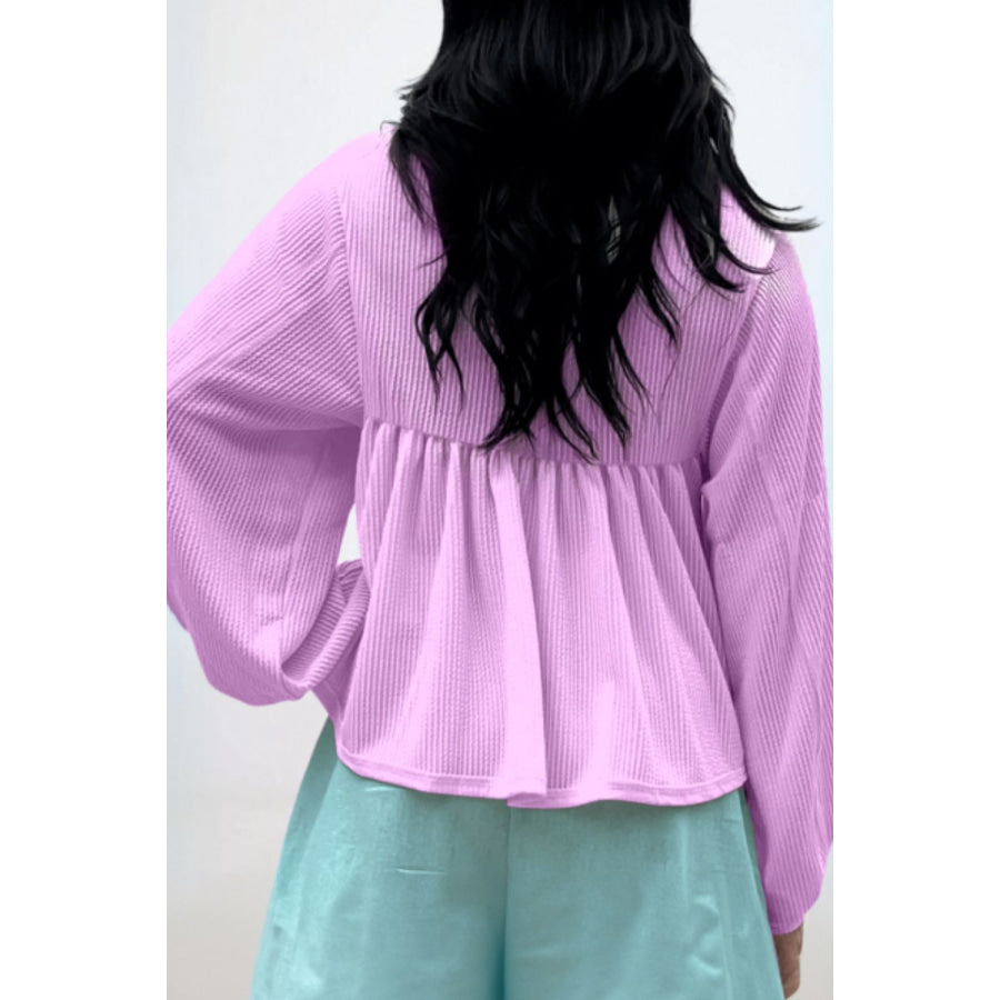 Corded Johnny Collar Long Sleeve Babydoll Blouse Apparel and Accessories