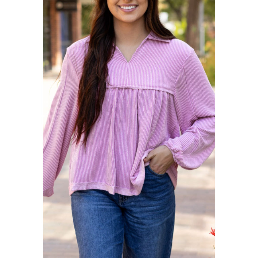 Corded Johnny Collar Long Sleeve Babydoll Blouse Lilac / S Apparel and Accessories
