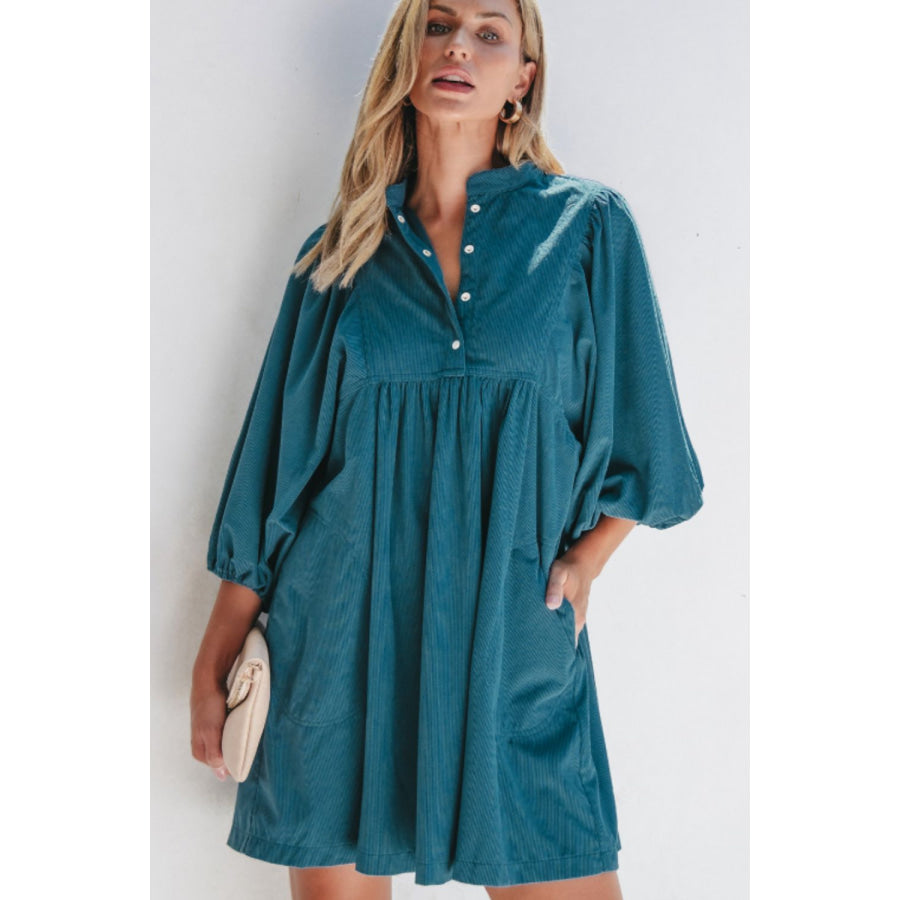 Corduroy Quarter Snap Three-Quarter Sleeve Dress Apparel and Accessories