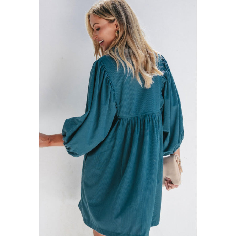 Corduroy Quarter Snap Three-Quarter Sleeve Dress Apparel and Accessories