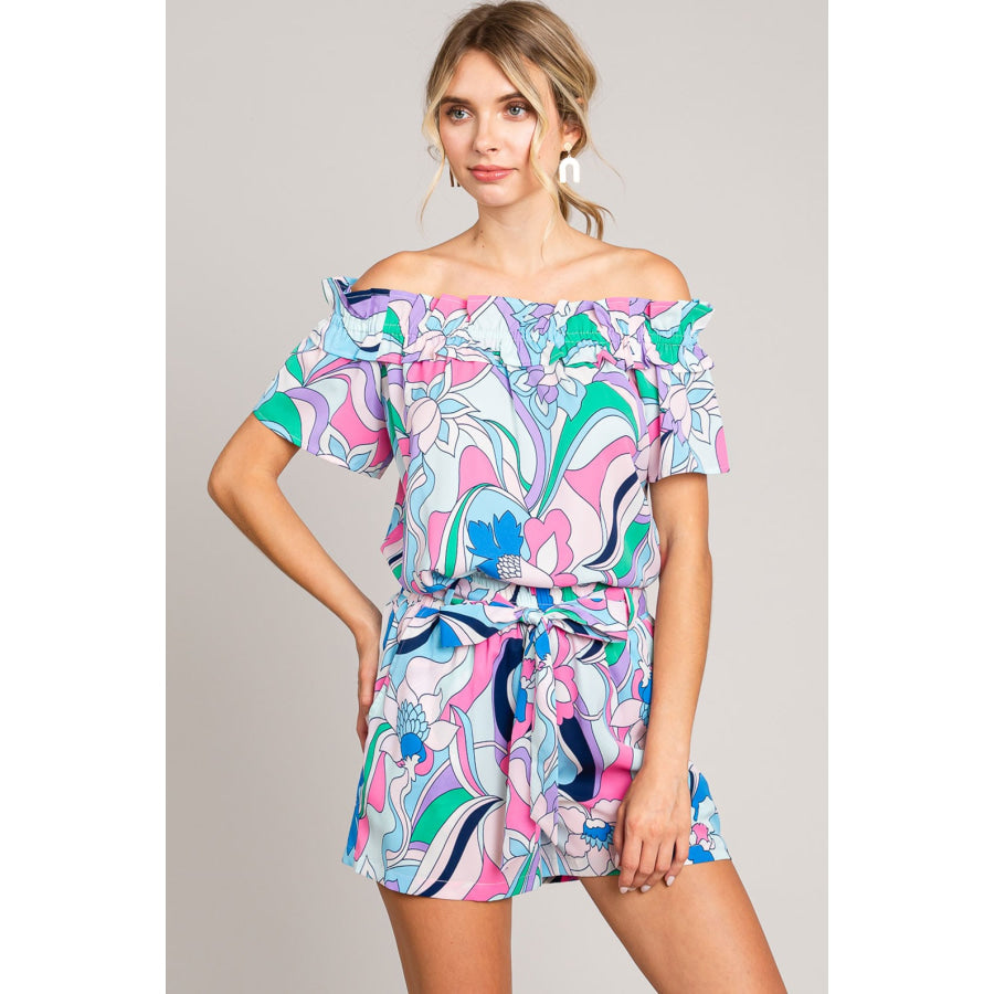 Cotton Bleu by Nu Label Abstracted Print Tie Front Shorts Blue / S Apparel and Accessories