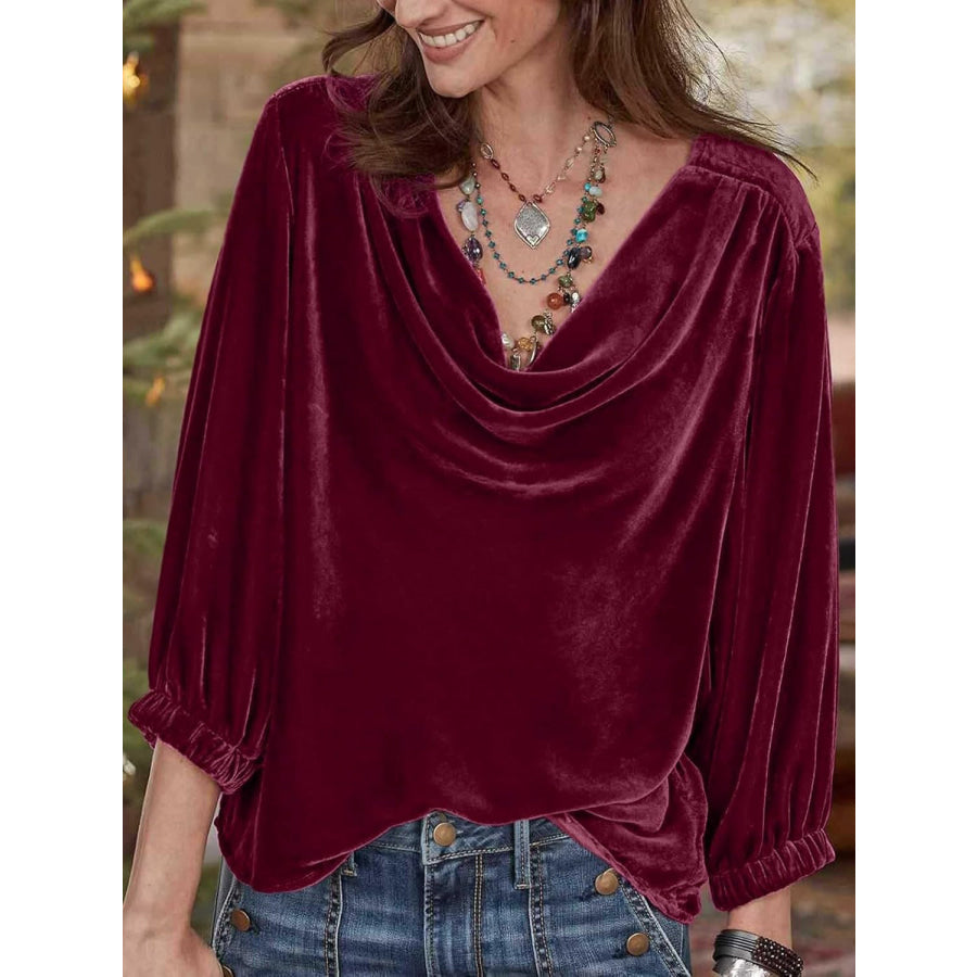 Cowl Neck Three-Quarter Sleeve Top Deep Purple / S Apparel and Accessories