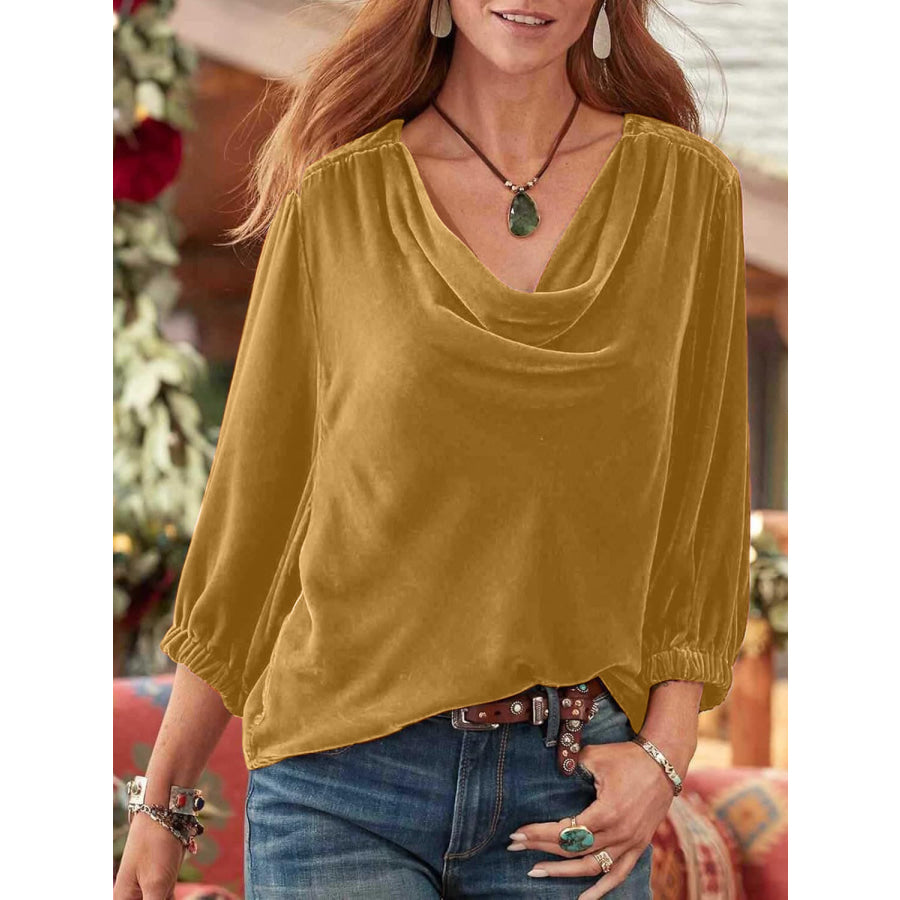 Cowl Neck Three-Quarter Sleeve Top Mustard / S Apparel and Accessories
