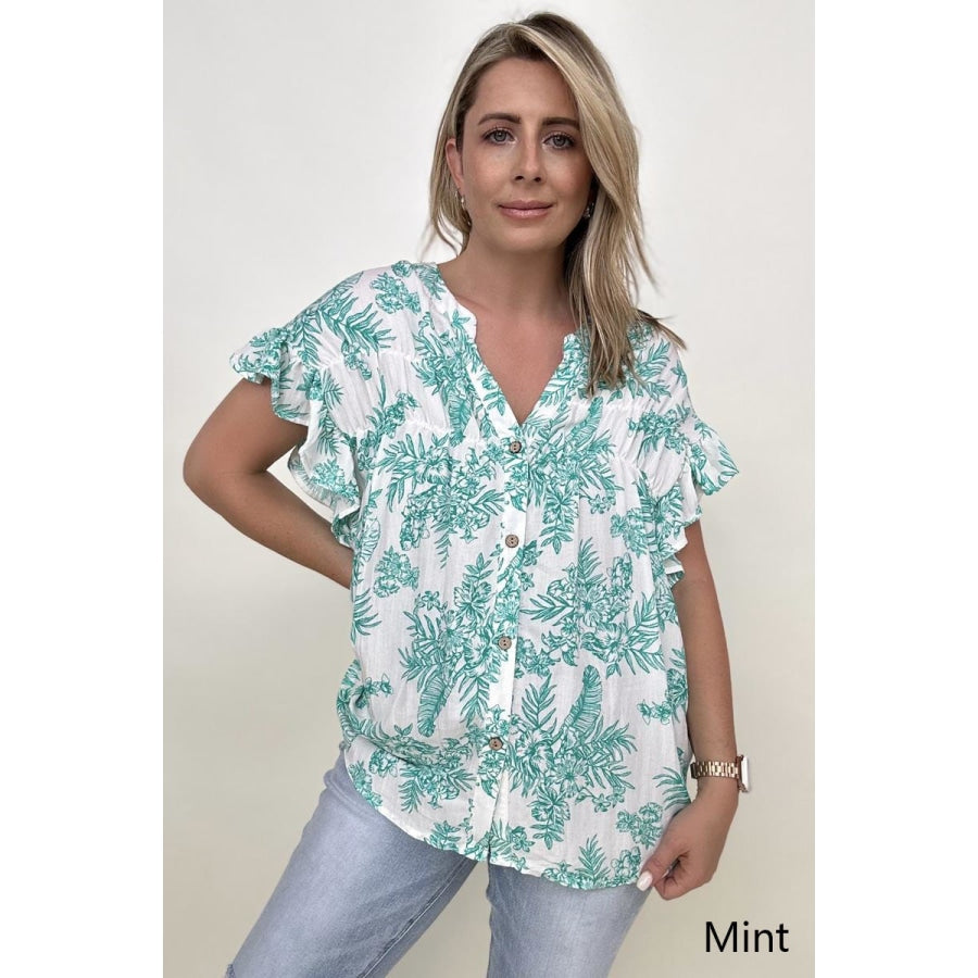 Cozy Co Floral Print Button Down Ruffle Sleeve Top Mint / S Blouses