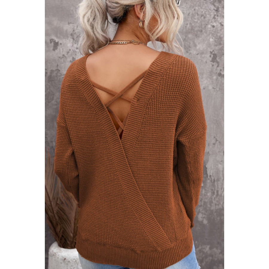 Crisscross Back Boat Neck Sweater Apparel and Accessories