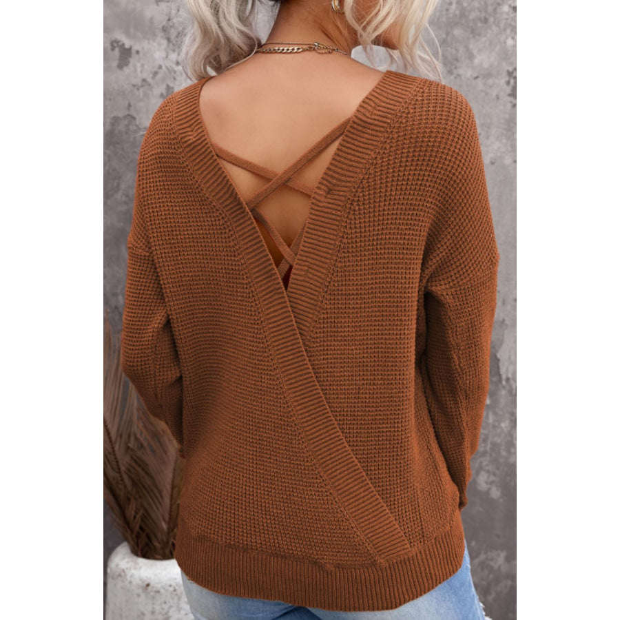 Crisscross Back Boat Neck Sweater Brown / S Apparel and Accessories