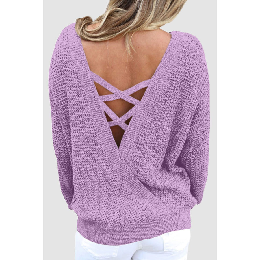 Crisscross Back Boat Neck Sweater Pink Purple / S Apparel and Accessories
