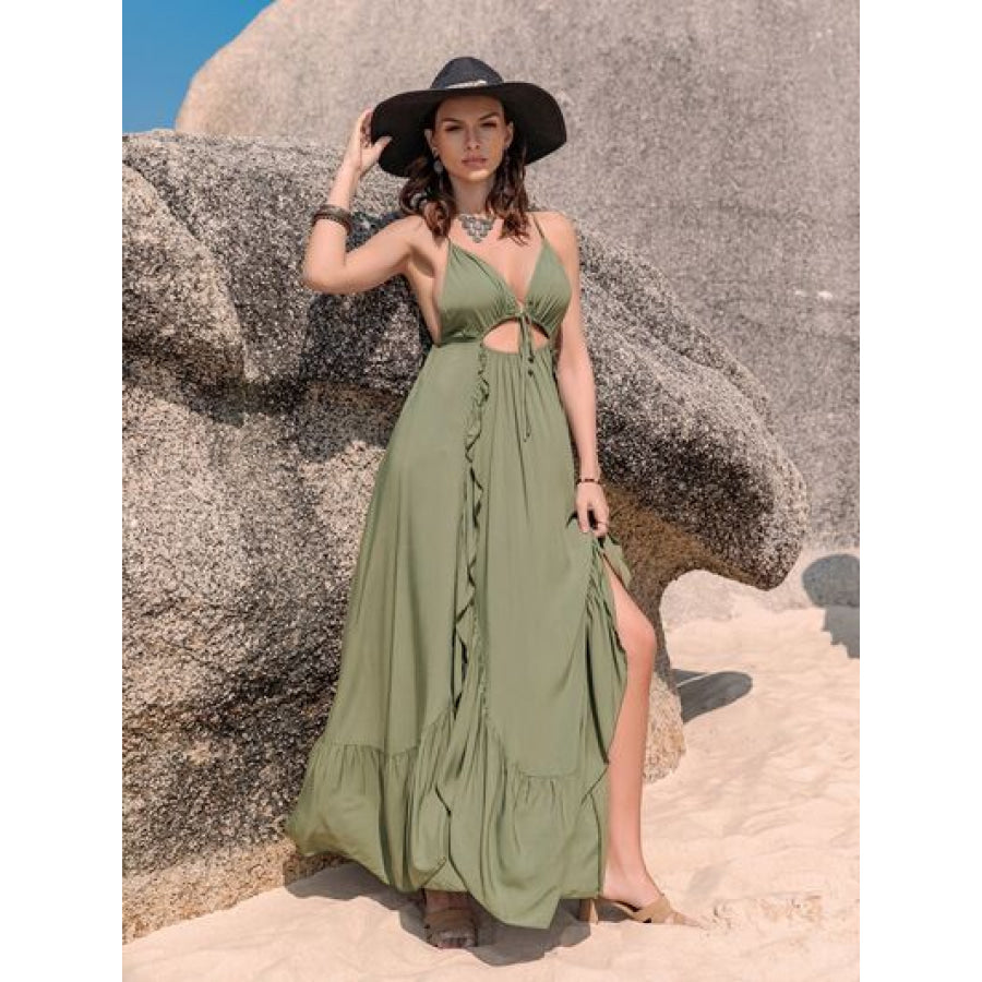 Crisscross Back Drawstring Ruffle Trim Maxi Dress Clothing