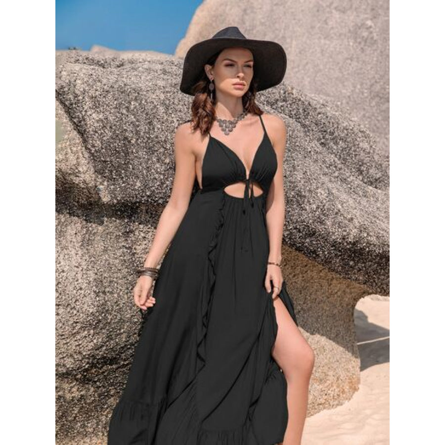 Crisscross Back Drawstring Ruffle Trim Maxi Dress Clothing