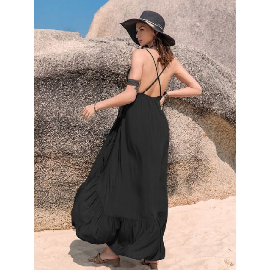 Crisscross Back Drawstring Ruffle Trim Maxi Dress Clothing